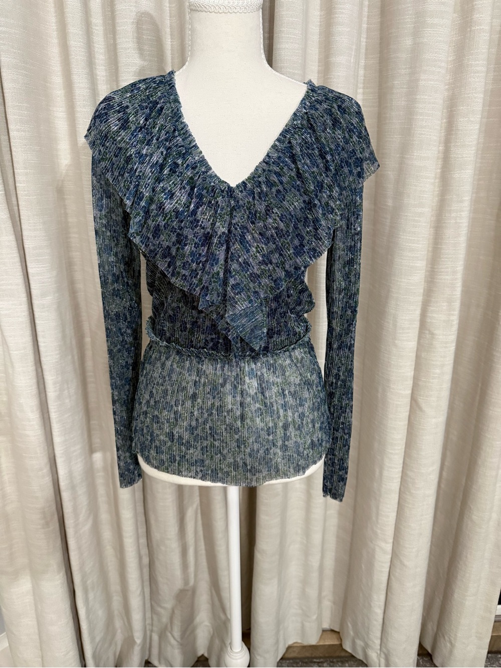 INC International Concepts Blue and Green Ruffled Blouse